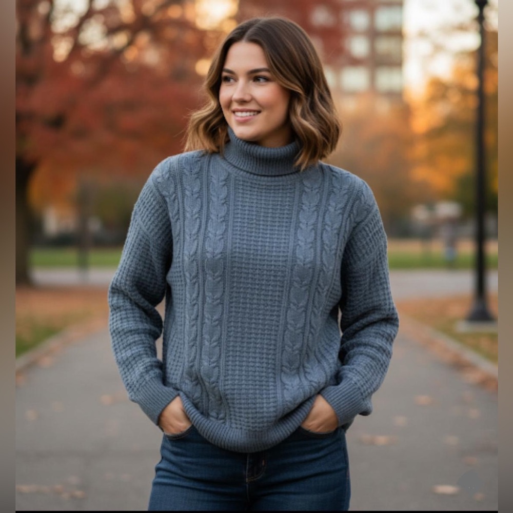Cozy Cable-Knit Turtleneck Sweater - Slate Blue